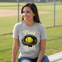 Play Ball Illustration T-Shirt for Women – Timeless Softball Inspired Artwork ATHLETIC HEATHER - FRONT