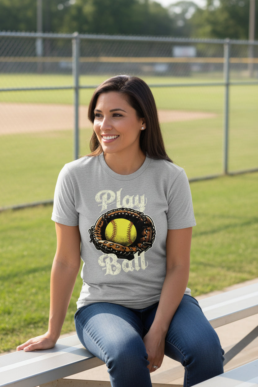 Play Ball Illustration T-Shirt for Women – Timeless Softball Inspired Artwork ATHLETIC HEATHER - FRONT