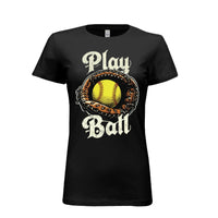 Play Ball Illustration T-Shirt for Women – Timeless Softball Inspired Artwork BLACK- FRONT
