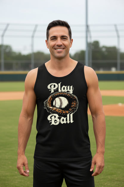 Play Ball Illustration Tank Top for Men – Timeless Baseball Inspired Artwork BLACK - FRONT