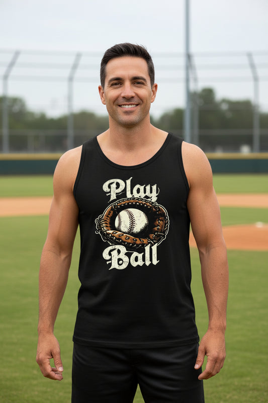 Play Ball Illustration Tank Top for Men – Timeless Baseball Inspired Artwork BLACK - FRONT