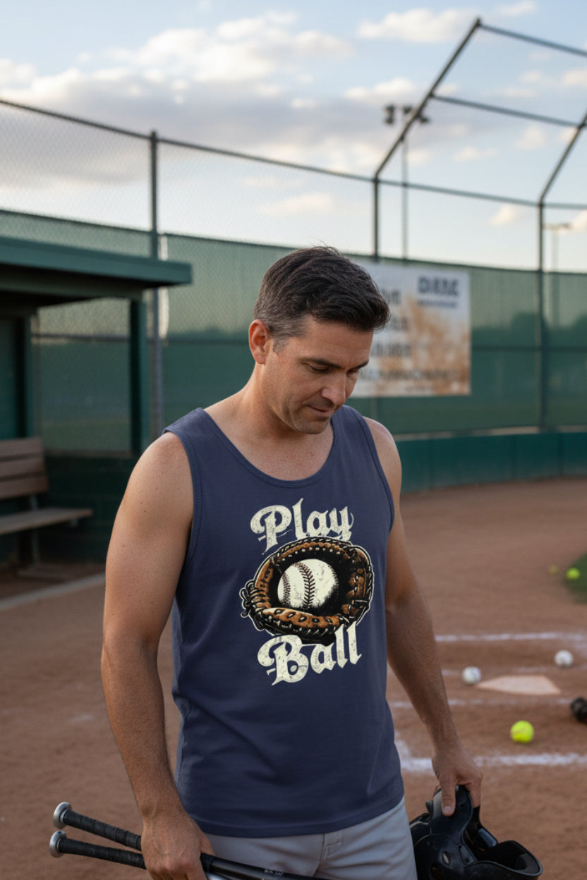 Play Ball Illustration Tank Top for Men – Timeless Baseball Inspired Artwork NAVY - FRONT