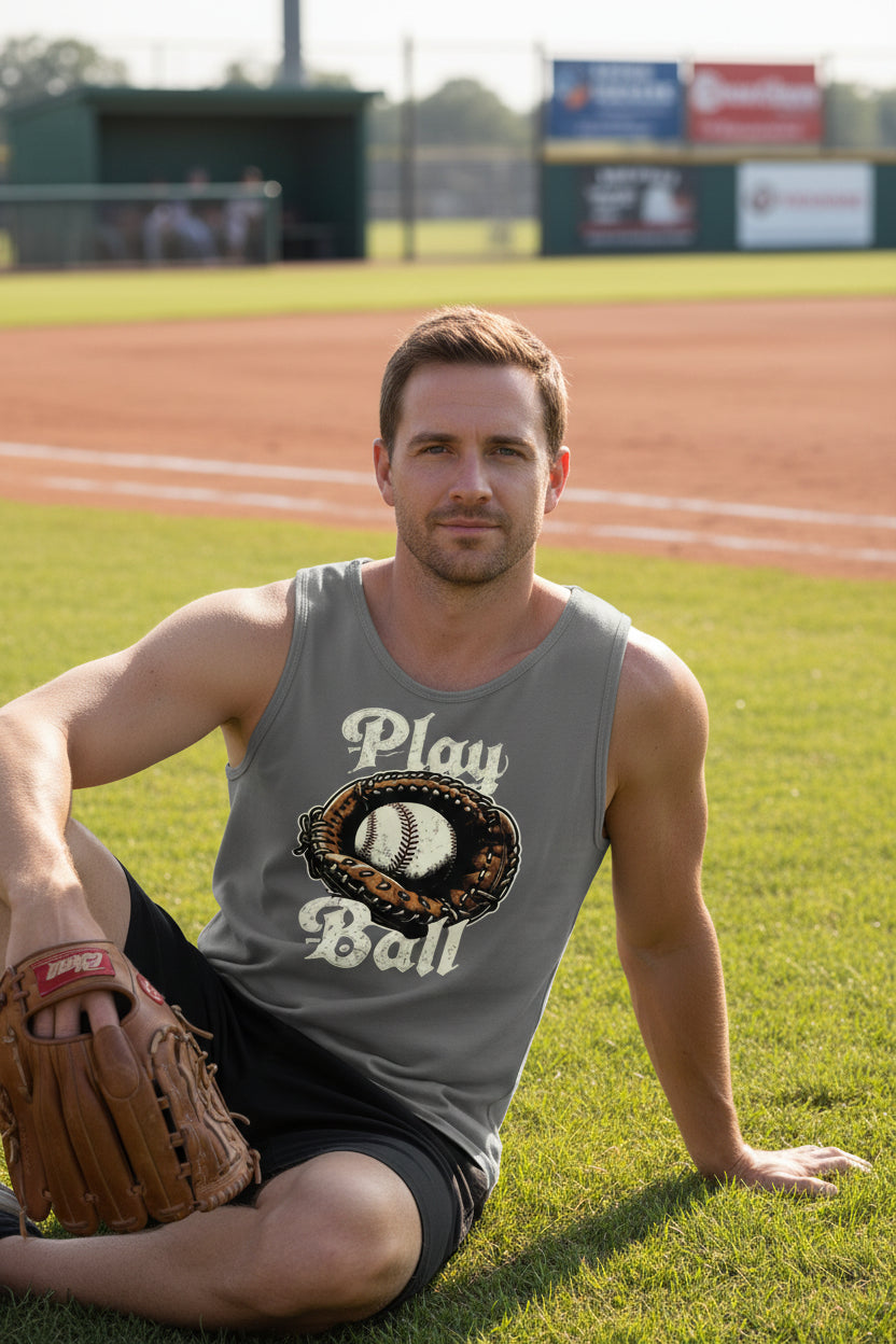 Play Ball Illustration Tank Top for Men – Timeless Baseball Inspired Artwork DARK GREY - FRONT