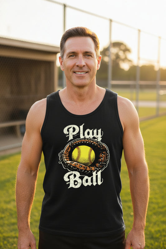 Play Ball Illustration Tank Top for Men – Timeless Softball Inspired Artwork BLACK - FRONT
