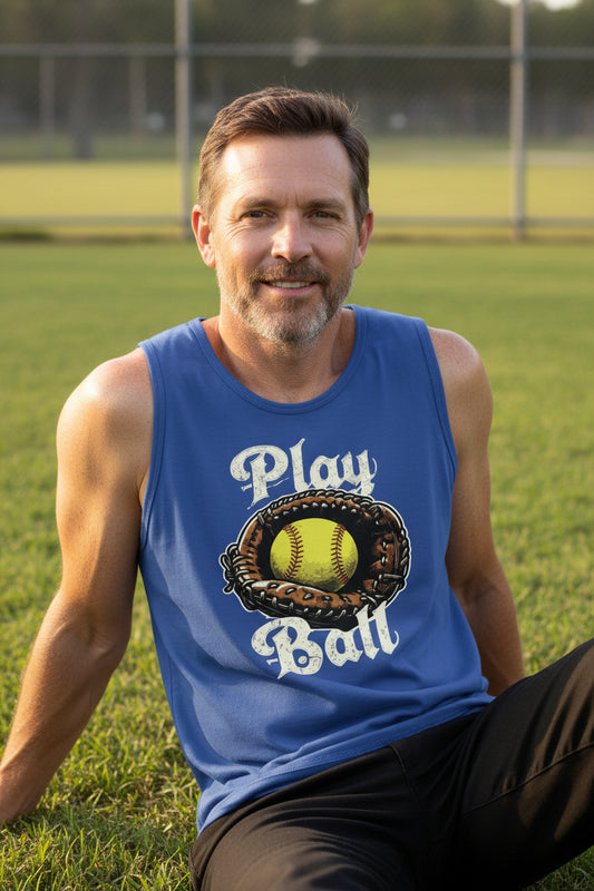 Play Ball Illustration Tank Top for Men – Timeless Softball Inspired Artwork TRUE ROYAL - FRONT