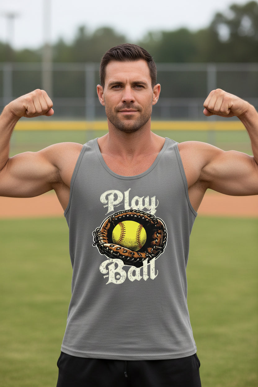 Play Ball Illustration Tank Top for Men – Timeless Softball Inspired Artwork DARK GREY - FRONT