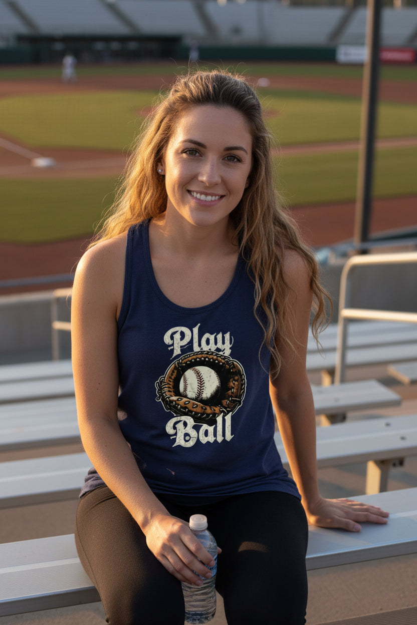 Play Ball Illustration Tank Top for Women – Timeless Baseball Inspired Artwork Midnight Navy - FRONT