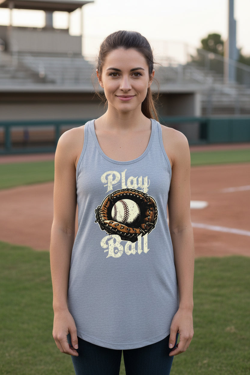 Play Ball Illustration Tank Top for Women – Timeless Baseball Inspired Artwork Heather Gray - FRONT