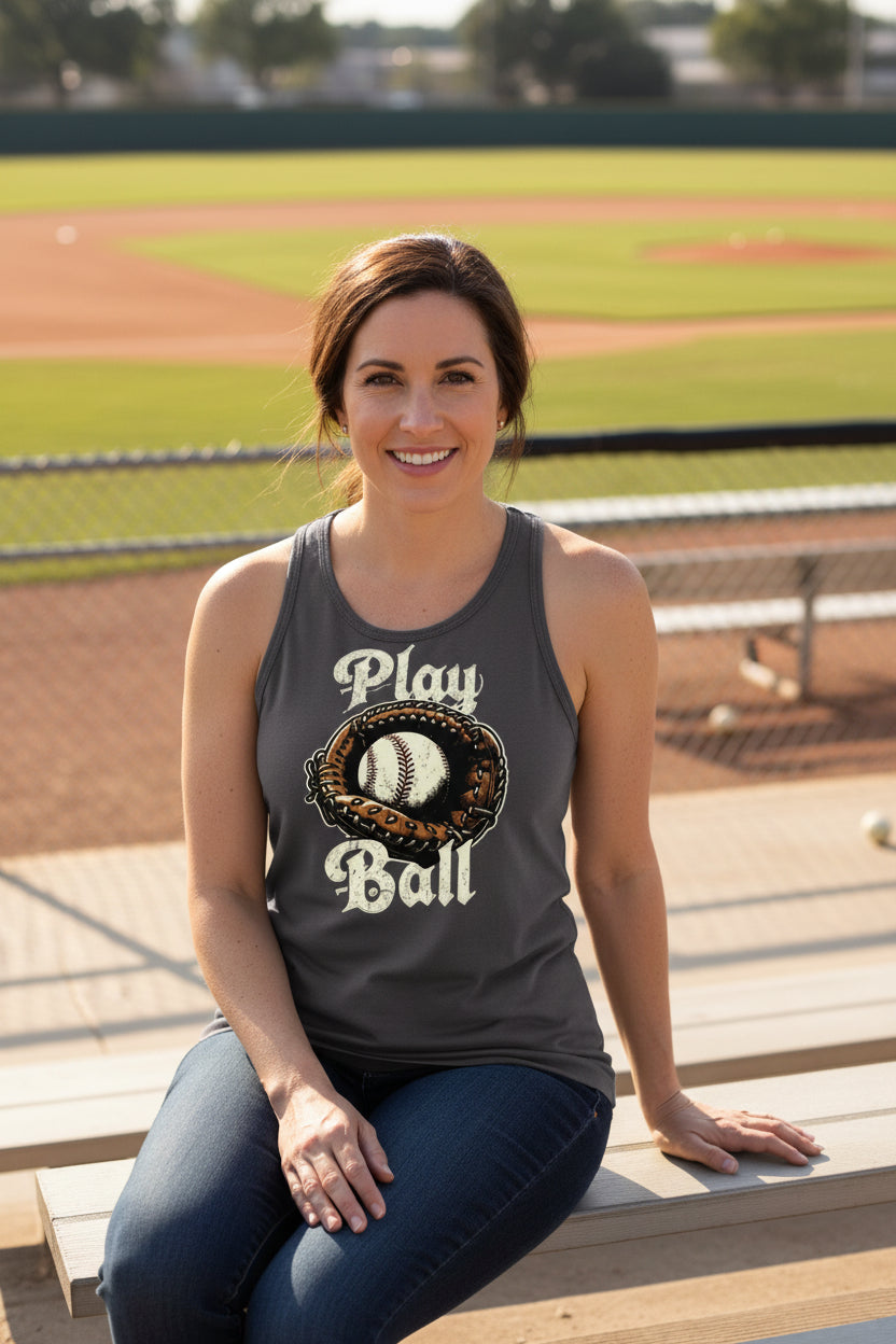 Play Ball Illustration Tank Top for Women – Timeless Baseball Inspired Artwork Dark Gray - FRONT