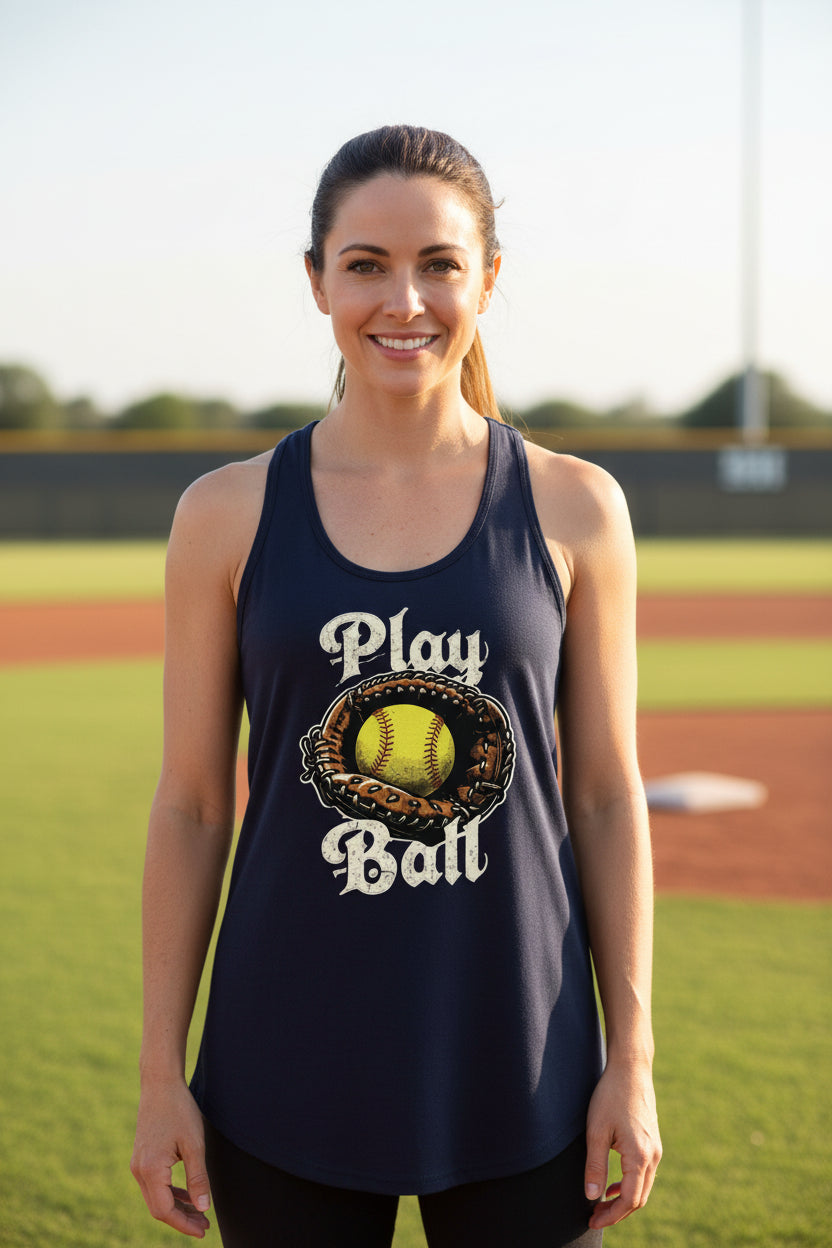 Play Ball Illustration Tank Top for Women – Timeless Softball Inspired Artwork Black - FRONT