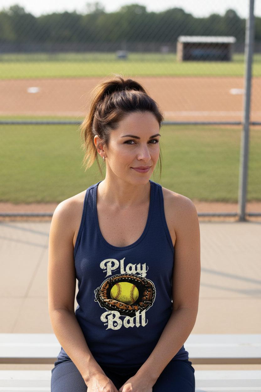 Play Ball Illustration Tank Top for Women – Timeless Softball Inspired Artwork Midnight Navy - FRONT