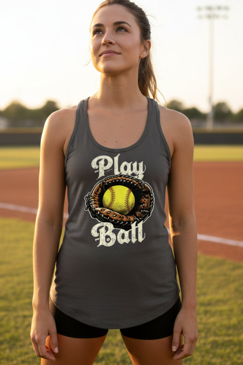 Play Ball Illustration Tank Top for Women – Timeless Softball Inspired Artwork Dark Gray - FRONT