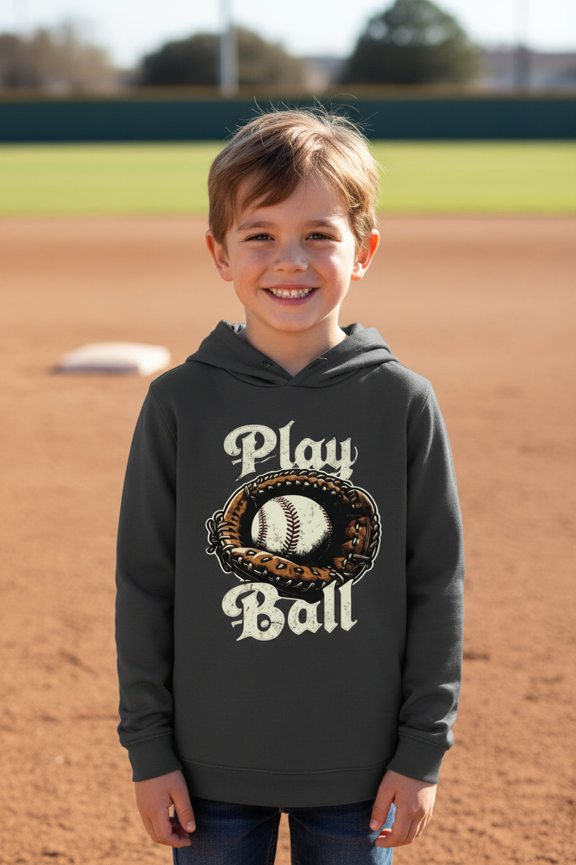 Play Ball Vintage Baseball Glove and Ball - Retro Sports Spirit Hoodie Design Black - FRONT