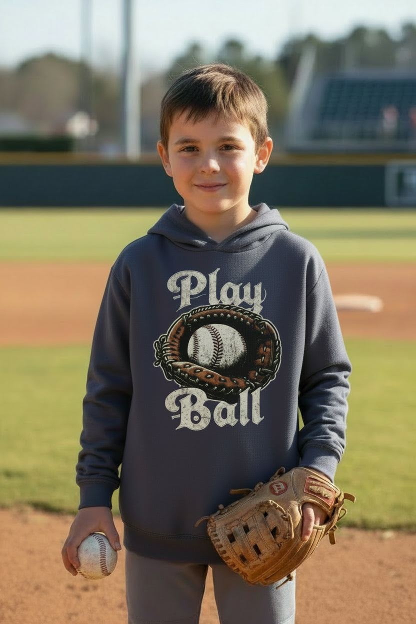 Play Ball Vintage Baseball Glove and Ball - Retro Sports Spirit Hoodie Design True Navy - FRONT