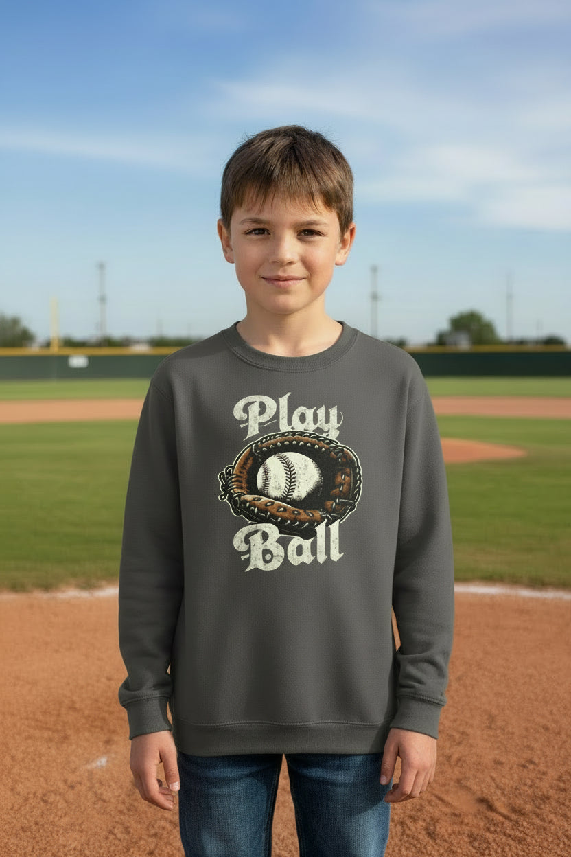 Play Ball Vintage Baseball Glove and Ball - Retro Sports Spirit Hoodie Design Iron Grey - FRONT