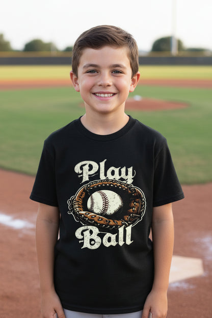 Play Ball Vintage Baseball Glove and Ball - Retro Sports Spirit T-Shirt Design Black - FRONT