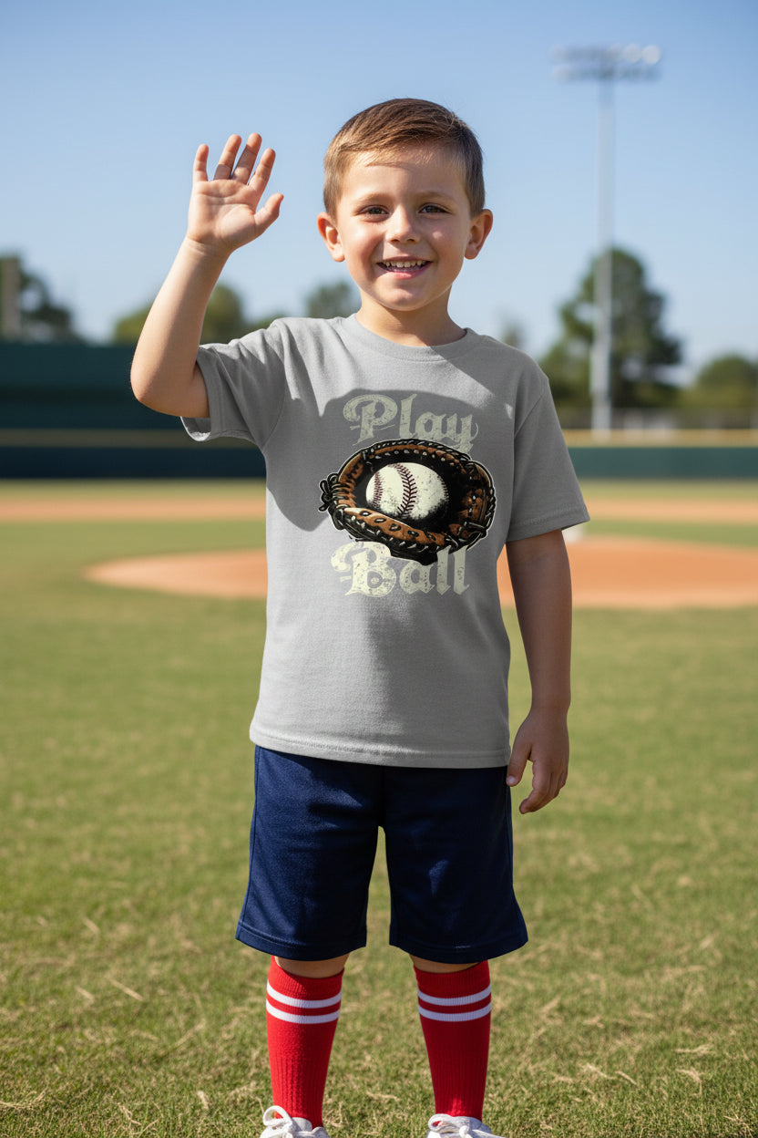 Play Ball Vintage Baseball Glove and Ball - Retro Sports Spirit T-Shirt Design Sport Grey - FRONT