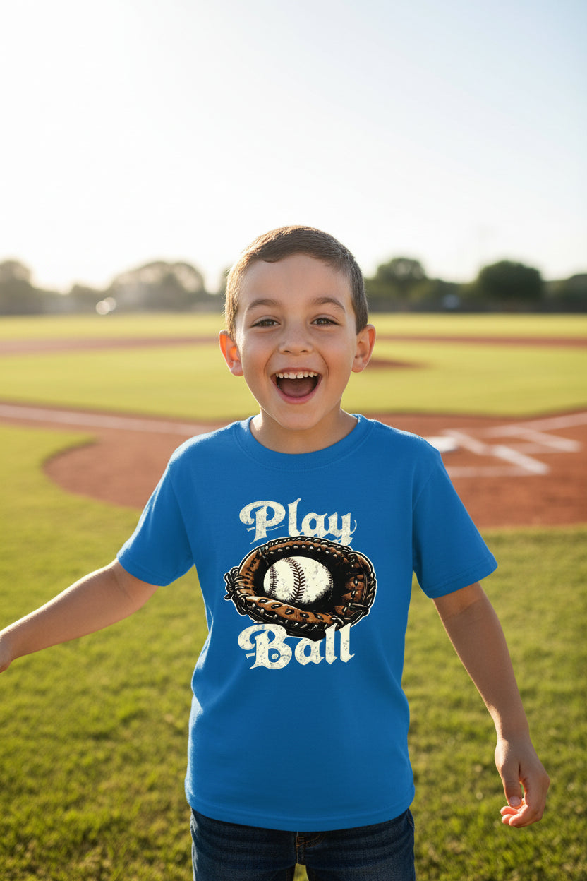 Play Ball Vintage Baseball Glove and Ball - Retro Sports Spirit T-Shirt Design Royal - FRONT