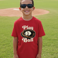 Play Ball Vintage Baseball Glove and Ball - Retro Sports Spirit T-Shirt Design Red - FRONT
