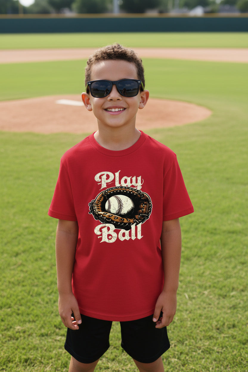Play Ball Vintage Baseball Glove and Ball - Retro Sports Spirit T-Shirt Design Red - FRONT