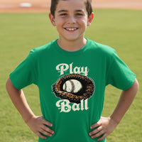 Play Ball Vintage Baseball Glove and Ball - Retro Sports Spirit T-Shirt Design Irish Green - FRONT