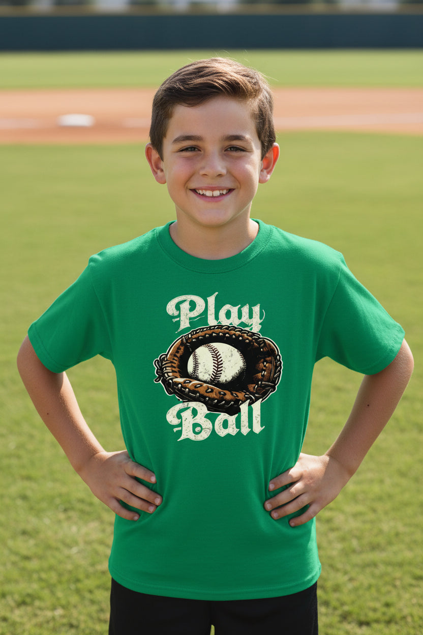 Play Ball Vintage Baseball Glove and Ball - Retro Sports Spirit T-Shirt Design Irish Green - FRONT