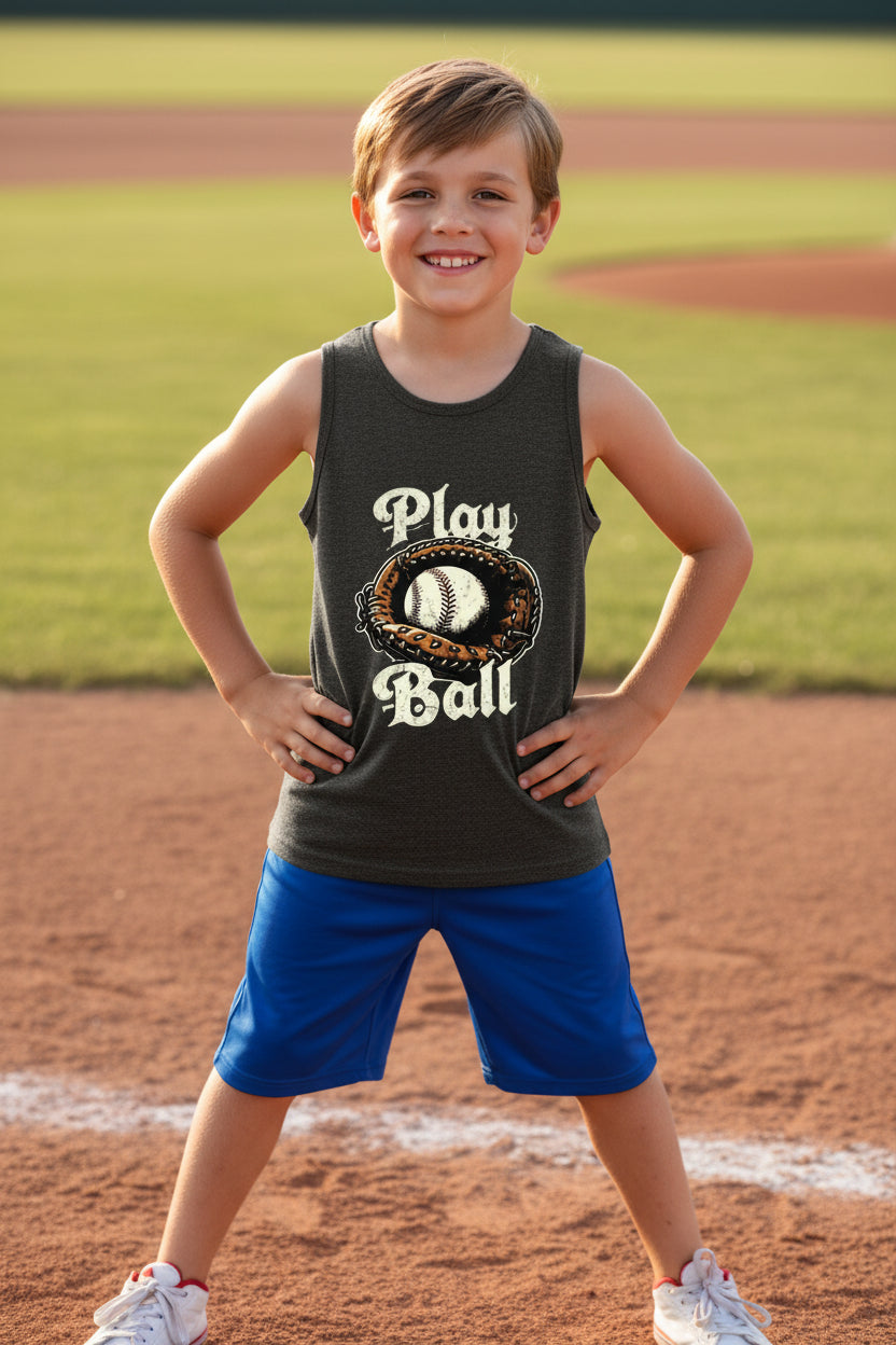 Play Ball Vintage Baseball Glove and Ball - Retro Sports Spirit Tank Top Design DARK GREY HEATHER - FRONT