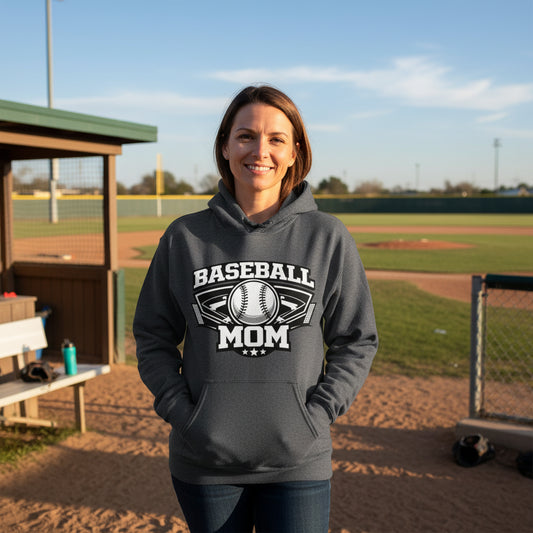 Proud Baseball Mom Vintage Sports Hoodie for Sports Fan Parent DARK HEATHER - FRONT