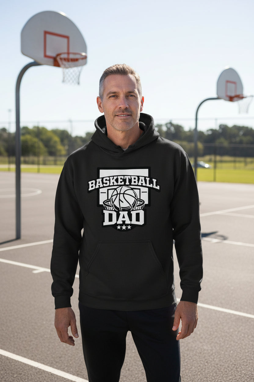 Proud Basketball Dad Game Day Top – Vintage Court Style Sports Hoodie BLACK - FRONT