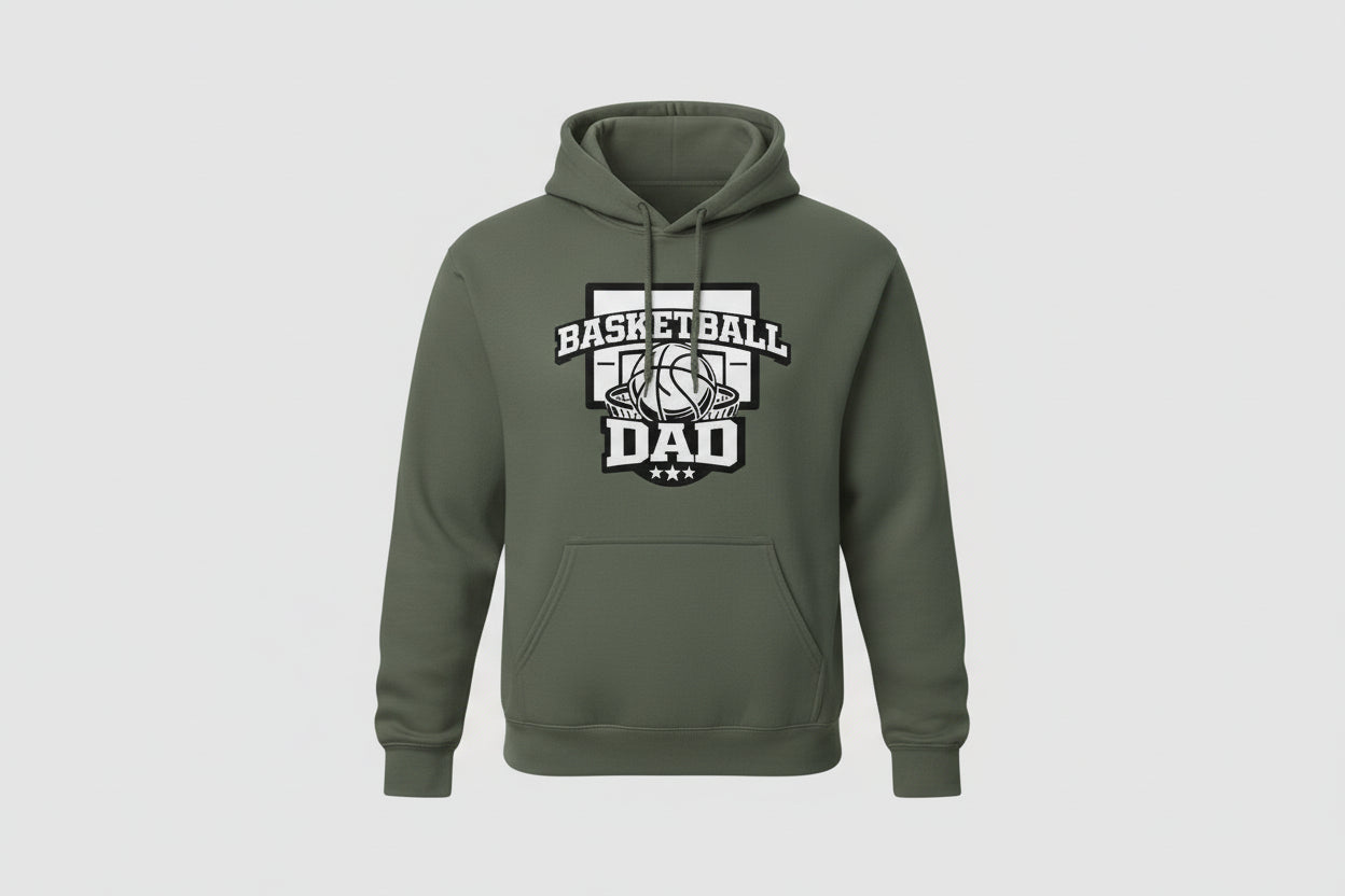 Proud Basketball Dad Game Day Top – Vintage Court Style Sports Hoodie MILITARY GREEN - FRONT