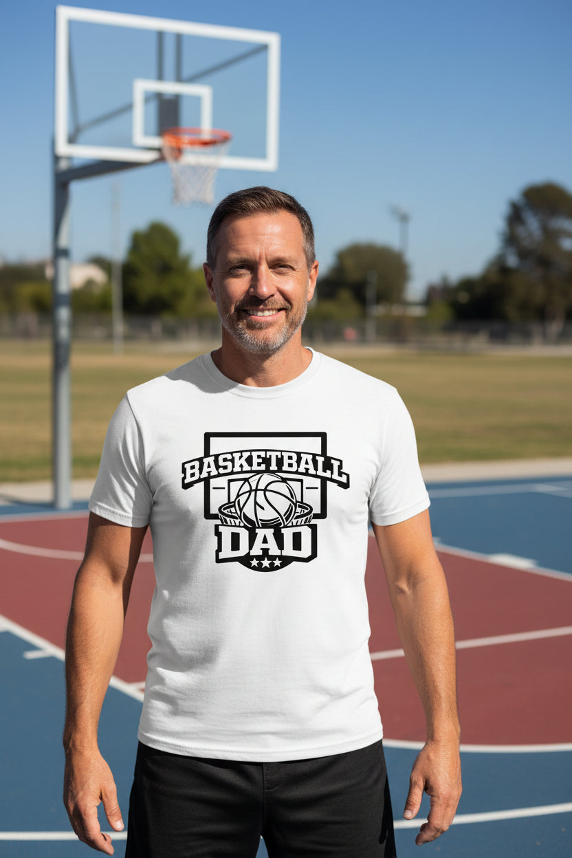 Proud Basketball Dad Game Day Top – Vintage Court Style Sports Tshirt White - FRONT