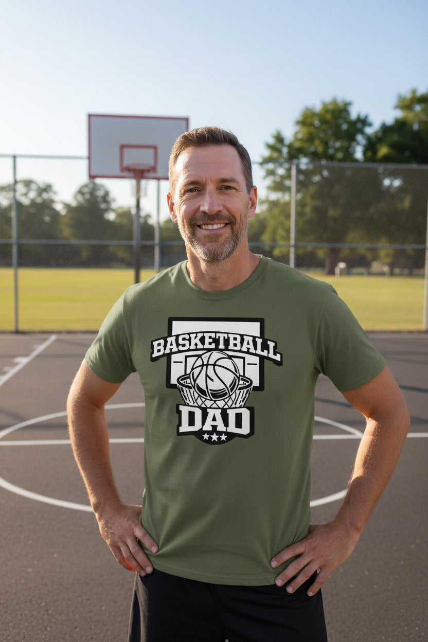 Proud Basketball Dad Game Day Top – Vintage Court Style Sports Tshirt MILITARY GREEN - FRONT