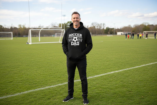Proud Soccer Dad Retro Sports Hoodie Design – Game Day Football Fan Style BLACK - FRONT