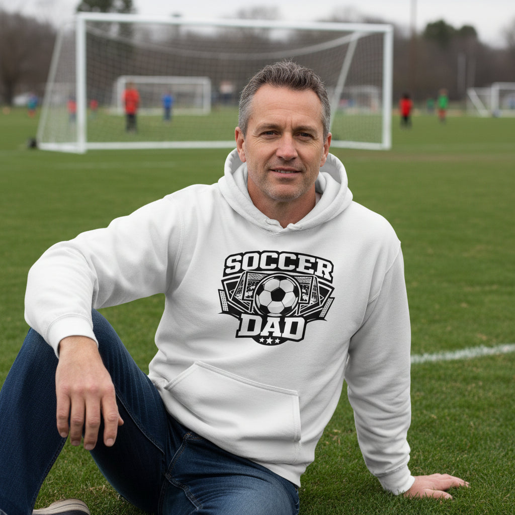 Proud Soccer Dad Retro Sports Hoodie Design – Game Day Football Fan Style WHITE - FRONT