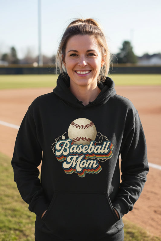 Retro Baseball Mom Hoodie – Vintage Sports Parent Pride BLACK - FRONT