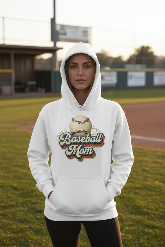 Retro Baseball Mom Hoodie – Vintage Sports Parent Pride WHITE - FRONT