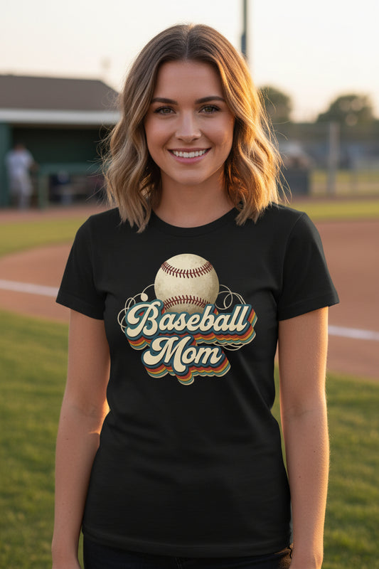 Retro Baseball Mom T-Shirt – Vintage Sports Parent Pride BLACK - FRONT