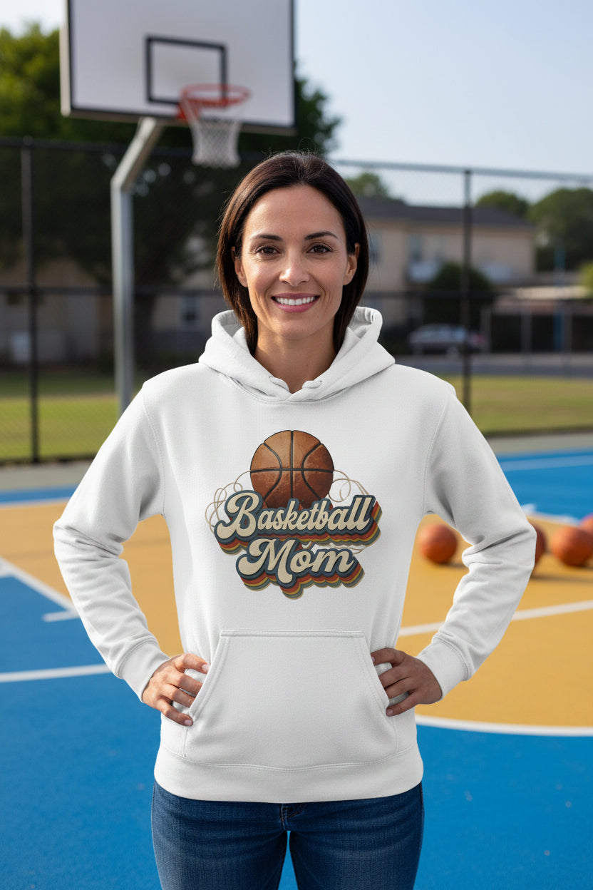 Retro Basketball Mom Hoodie– Vintage Sports Parent Pride WHITE - FRONT