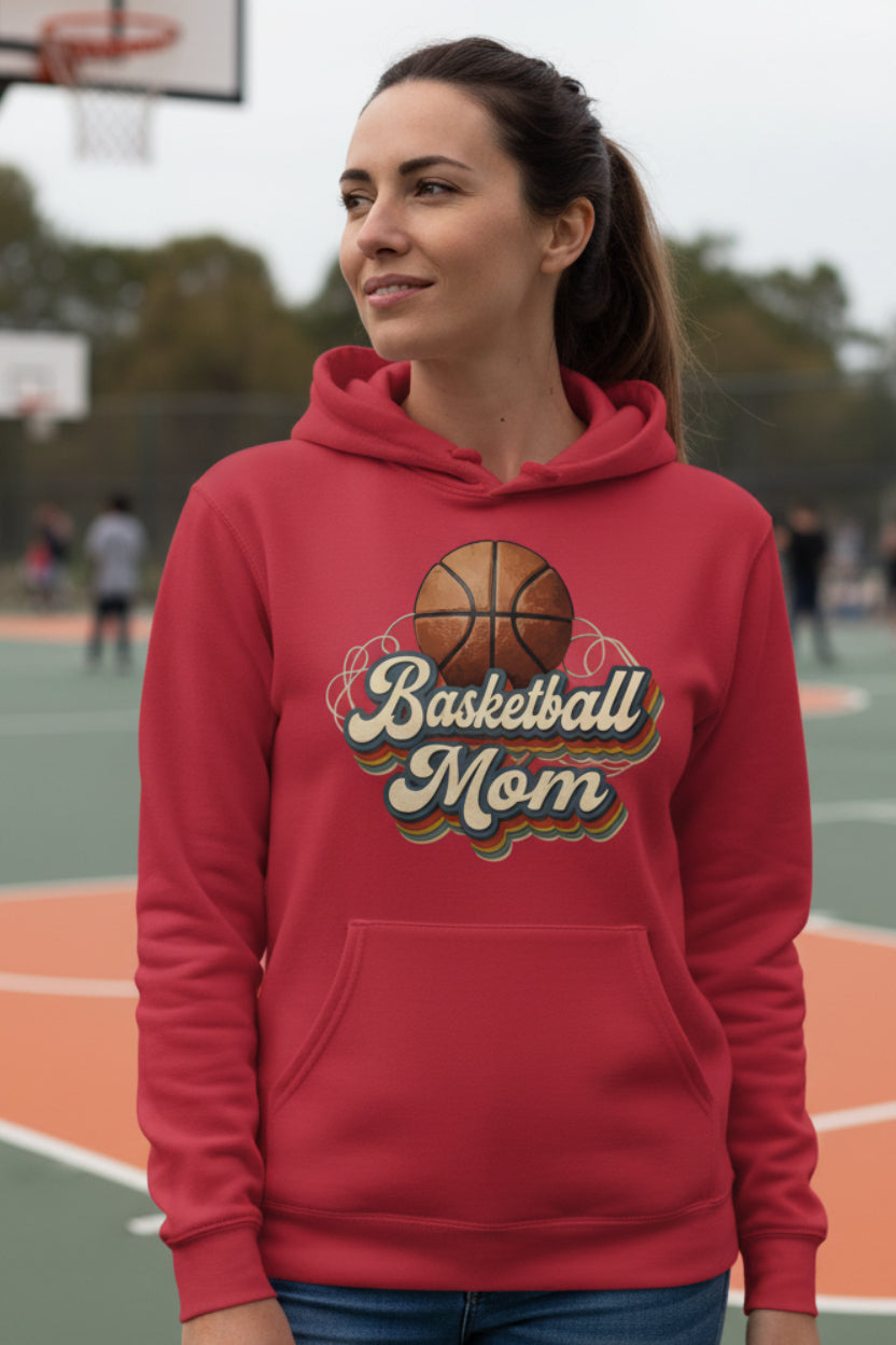 Retro Basketball Mom Hoodie– Vintage Sports Parent Pride RED - FRONT