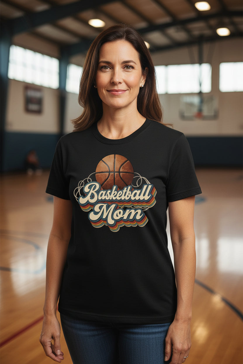 Retro Basketball Mom T-Shirt – Vintage Sports Parent Pride BLACK - FRONT