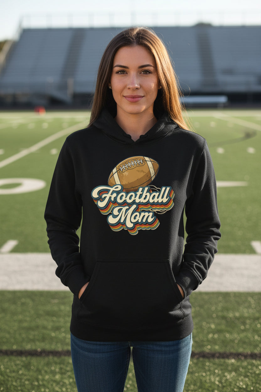 Retro Football Mom Hoodie – Vintage Sports Parent Pride BLACK - FRONT