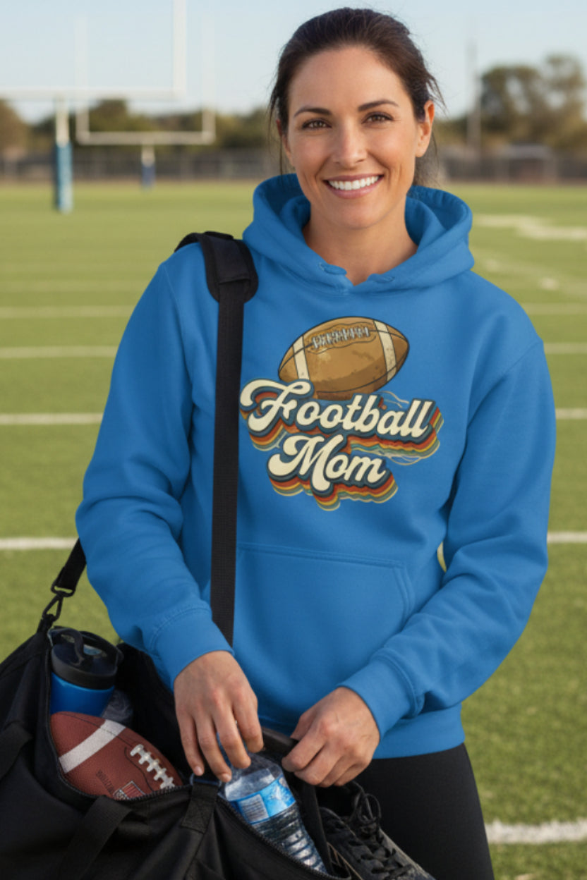 Retro Football Mom Hoodie – Vintage Sports Parent Pride Royal - FRONT