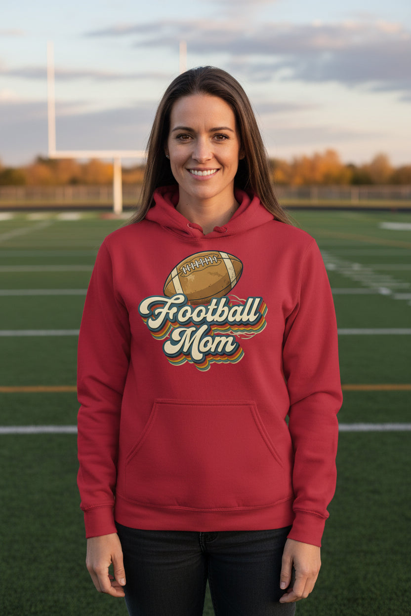 Retro Football Mom Hoodie – Vintage Sports Parent Pride RED - FRONT