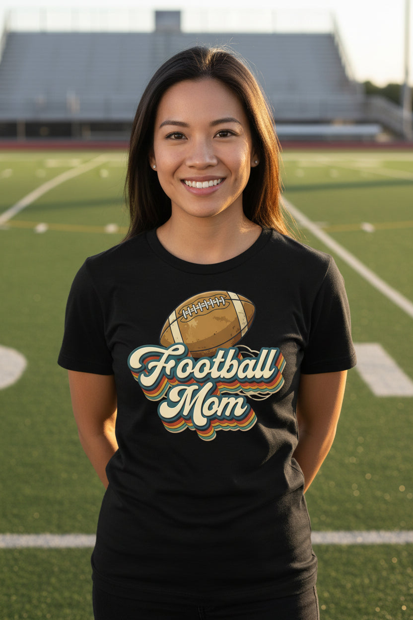 Retro Football Mom T-Shirt – Vintage Sports Parent Pride BLACK - FRONT