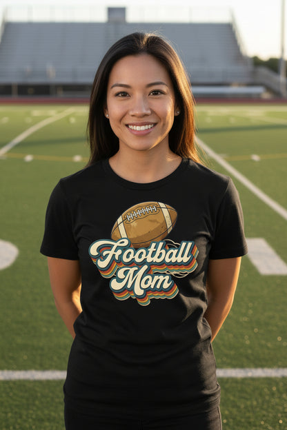 Retro Football Mom T-Shirt – Vintage Sports Parent Pride BLACK - FRONT