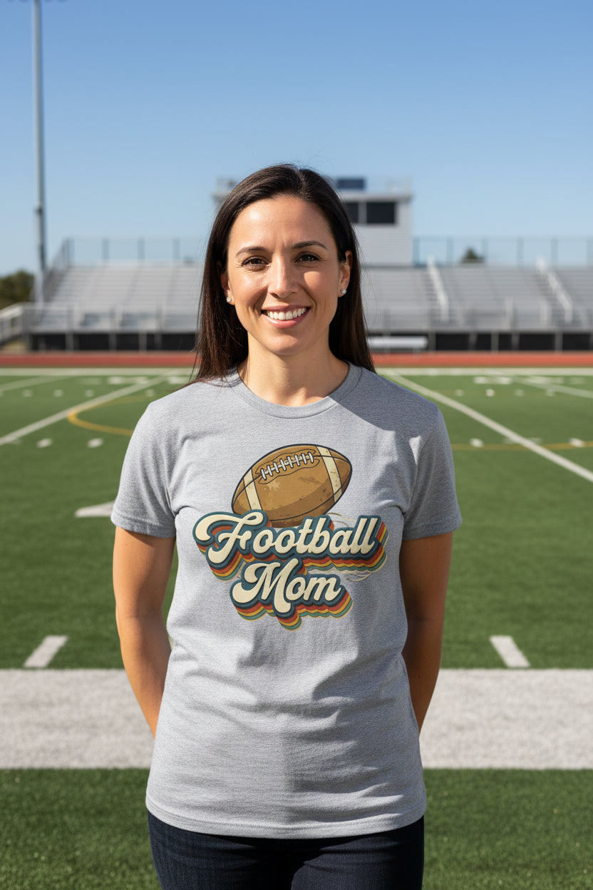 Retro Football Mom T-Shirt – Vintage Sports Parent Pride ATHLETIC HEATHER - FRONT