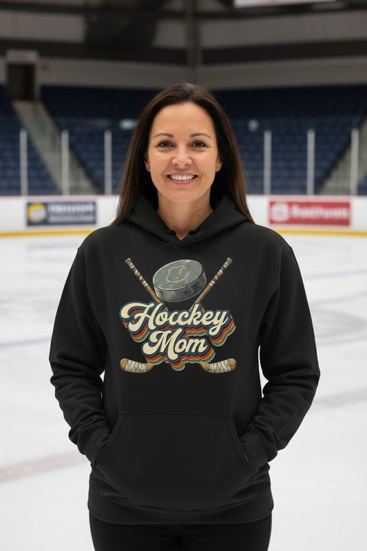 Retro Hockey Mom Hoodie – Vintage Sports Parent Pride BLACK - FRONT