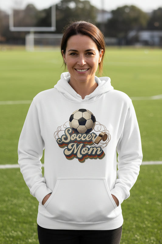 Retro Soccer Mom Hoodie – Vintage Sports Parent Pride WHITE - FRONT