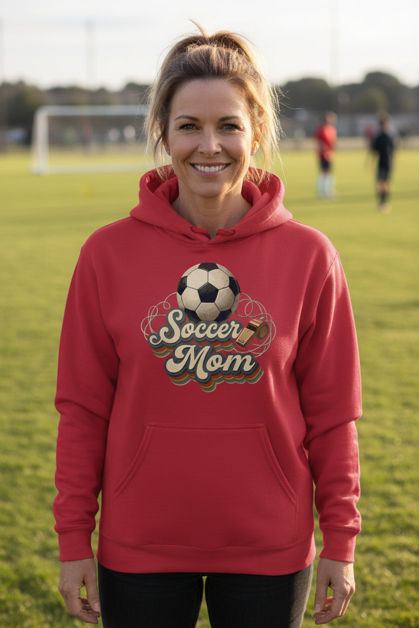 Retro Soccer Mom Hoodie – Vintage Sports Parent Pride RED - FRONT
