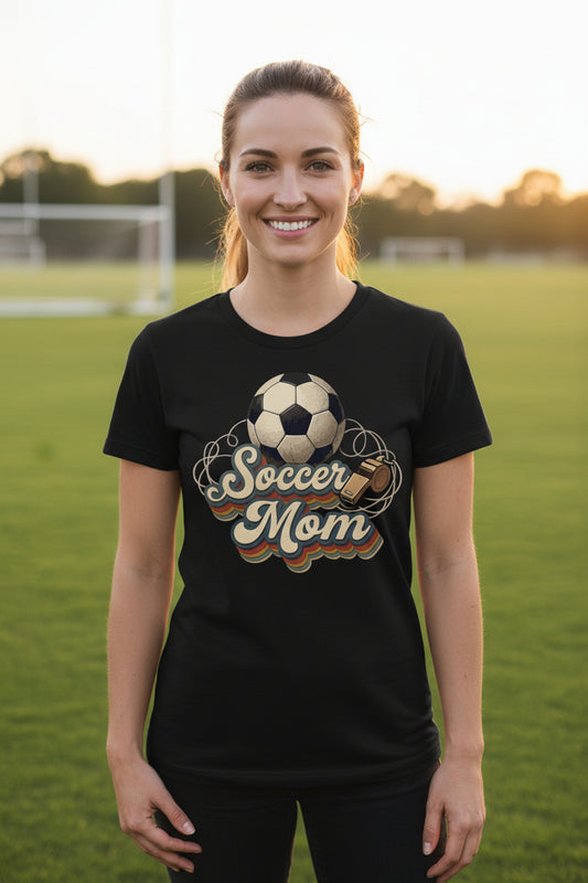Retro Soccer Mom T-Shirt – Vintage Sports Parent Pride BLACK - FRONT